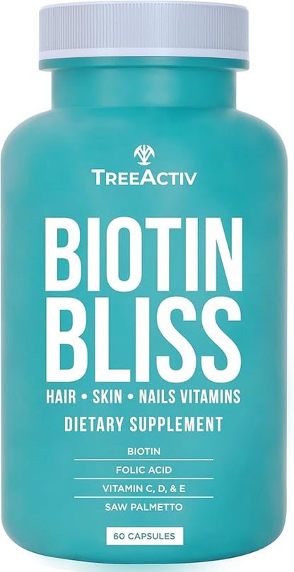 Biotin Bliss Skin Hair Nails Vitamins + Saw Palmetto Supplement Volumizer & Thickening Formula for Men Women Folate MSM B Complex for Hair Growth & Strength 60 Capsules 30-Day Supply