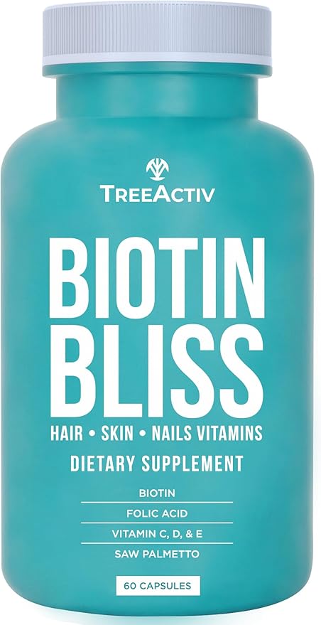Biotin Bliss Skin Hair Nails Vitamins + Saw Palmetto Supplement Volumizer & Thickening Formula for Men Women Folate MSM B Complex for Hair Growth & Strength 60 Capsules 30-Day Supply