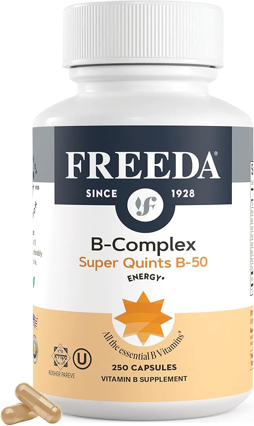 FREEDA High Potency Super B-Complex – B1, B2, B3, B5, B6, Biotin, Folic Acid & B12 – Energy, Mood & Nervous System Support – Vegan, Kosher, Gluten-Free – 250 Capsules