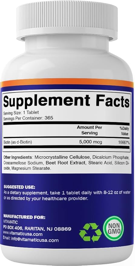 Vitamatic Biotin 5000mcg (5 mg) for Stronger Hair, Skin & Nails - 365 Vegan Tablets- Also Called Vitamin B7-2 Pack
