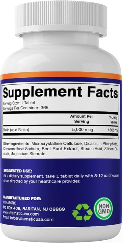 Vitamatic Biotin 5000mcg (5 mg) for Stronger Hair, Skin & Nails - 365 Vegan Tablets- Also Called Vitamin B7-2 Pack