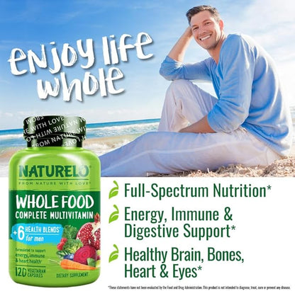 NATURELO Mens Multivitamins - Whole Food Multivitamin for Men with Vitamins, Minerals - 120 Vegetarian Capsules for Energy, Brain, Heart, Eye Health*
