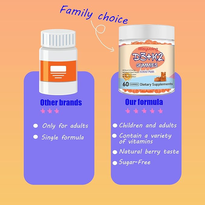 Vitamin D3 K2 Sugar-Free Gummies,Vitamin D3 10000 IU with K2 200mcg,VitaminC,Calcium,Magnesium,Zinc,Support for Bones,Joints,Muscles,Nerves,and Immune System (60, Orange)