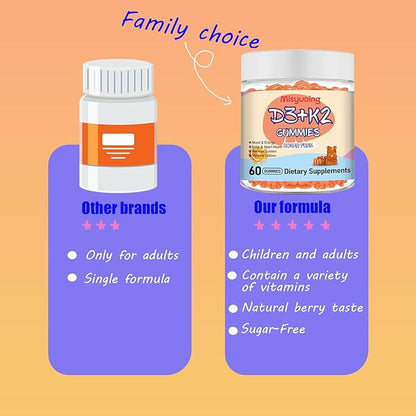 Vitamin D3 K2 Sugar-Free Gummies,Vitamin D3 10000 IU with K2 200mcg,VitaminC,Calcium,Magnesium,Zinc,Support for Bones,Joints,Muscles,Nerves,and Immune System (60, Orange)