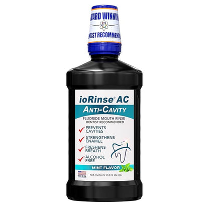 ioRinse AC Anticavity Fluoride Mouthwash - Alcohol-Free Molecular Iodine Mouth Wash Fights Tooth Decay & Protects Enamel - Safe Mint Rinse for Sensitive Mouths - Potent Bad Breath Protection