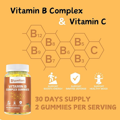 Vitamin B Complex Gummies with Biotin,Choline + Inositol, Vitamin C + Zinc for Supports Energy, Brain, Mood, Immune, Healthy Hair, Skin - Natural Mango Flavor - Vegan Diet - 120 Vegan