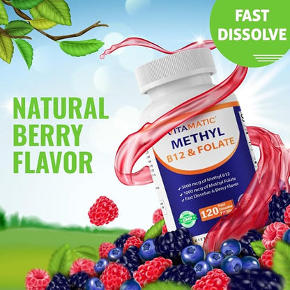 Vitamatic Methyl Folate & B12 Supplement with Pyridoxal 5 Phosphate (P-5-P) - Promotes Cardiovascular Health & Energy Metabolism - 120 Fast Dissolve Tablets - Non GMO & Gluten Free