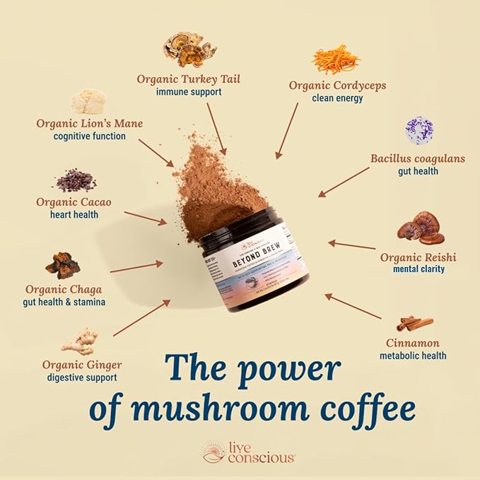Beyond Brew Mushroom Superfood Coffee | Mushroom Coffee Alternative Low Caffeine | Healthy Coffee Substitute | W/Prebiotics & Probiotics | By Live Conscious | 30 Servings Net Wt. 7 oz (2-Pack)
