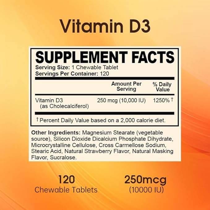 Vitamin D3 10000 IU (250 mcg) - Cholecalciferol,D3 Supplement, Vitamin D 10000 IU - 120 Chewable Tablets