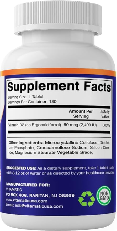 Vitamatic Vitamin D2 60 mcg (2400 IU) - Ergocalciferol - 180 Vegetarian Tablets (180 Tablets (Pack of 1)) (1 Bottle)