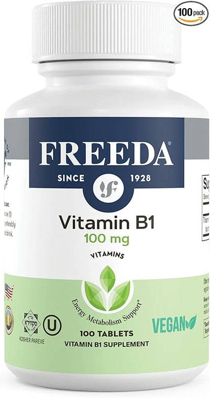 Freeda Vitamin B1 Thiamine 100mg - Supports Energy Metabolism, Nervous System Health - Kosher, Vegan, Gluten Free - Thiamin HCl 100 mg Vitamin B 1 - Pure Vit B1 Vitamin Thiamine B1 Supplement (100 Ct)