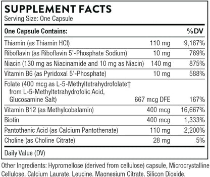 THORNE - Basic B-Complex - Tissue-Ready Vitamin B Complex Supplement with Choline - Supports Cellular Energy Production, Brain Health, Red Blood Cell Formation* - Gluten-Free, Dairy-Free - 60 Capsules