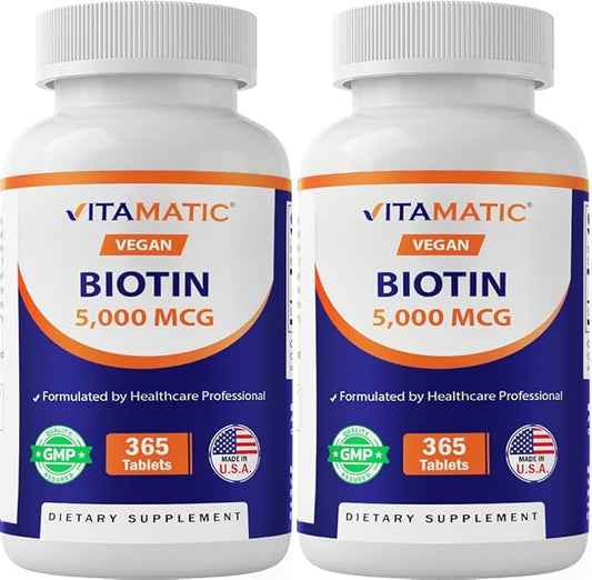 Vitamatic Biotin 5000mcg (5 mg) for Stronger Hair, Skin & Nails - 365 Vegan Tablets- Also Called Vitamin B7-2 Pack