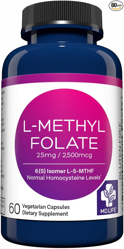 MD Life L-Methylfolate 2.5 mg Supplement - Professional-Grade Active L Methylfolate Supplement - 60 Capsules - L-Methylfolate 2.5mg - Maximum Potency MTHFR W/ Essential Amino Acids