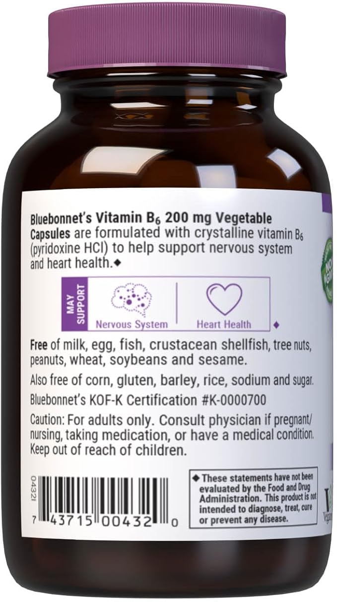 Bluebonnet Nutrition Vitamin B6 Vegetable Capsules, 200 mg, For Cardiovascular and Nervous System Health, Soy Free, Gluten Free, Kosher, Dairy Free, Vegan, Non-GMO, 90 Vegetable Capsules, 90 Servings