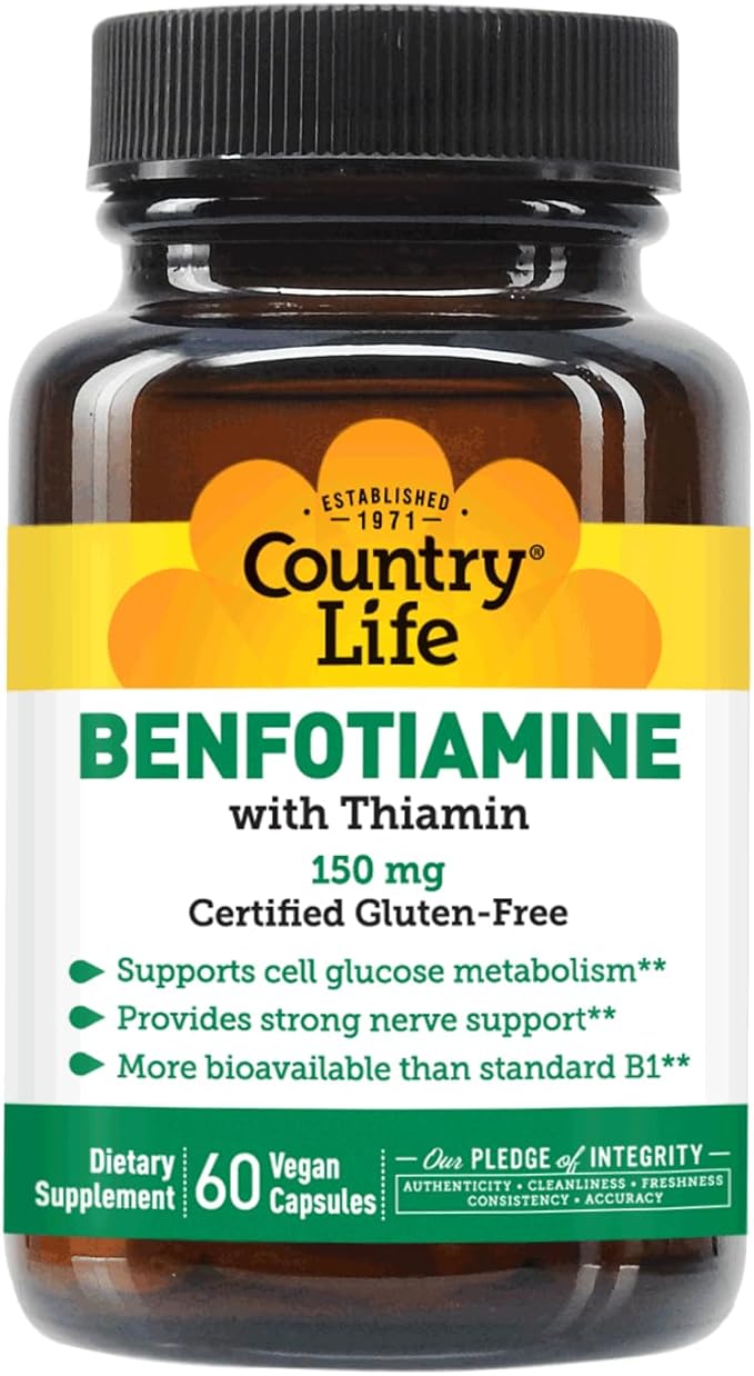 Country Life Benfotiamine with Thiamin, Nerve Health Support, 150mg, 60 Vegetarian Capsules, Certified Gluten Free, Certified Vegan