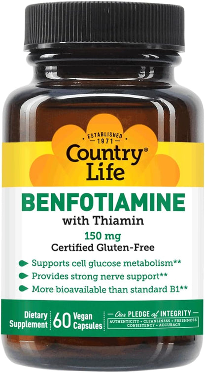 Country Life Benfotiamine with Thiamin, Nerve Health Support, 150mg, 60 Vegetarian Capsules, Certified Gluten Free, Certified Vegan
