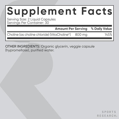 Sports Research® Extra Strength Choline 800 mg - Essential Nutrient Featuring VitaCholine® for Focus Support - Vegan Certified · Non-GMO · Gluten Free - 60 Liquid Capsules