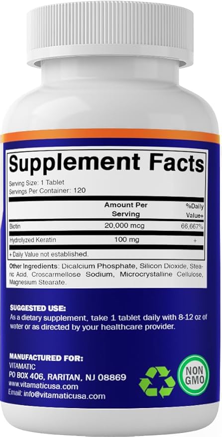 Vitamatic High Potency Biotin 20000 mcg (20mg) with Keratin 100mg - 120 Vegetarian Tablets - Biotin Supplements for Healthy Hair Skin & Nails for Adults (120 Count (Pack of 2))