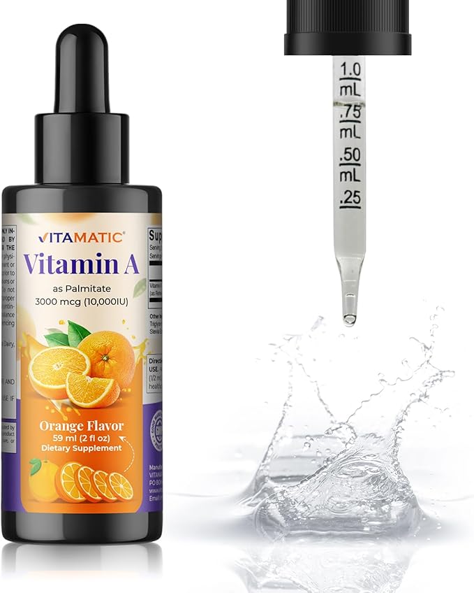 Vitamatic Sugar Free Vitamin A Liquid Drops 10000 IU (3000 mcg) as Retinyl Palmitate - Approximate 4 Months Supply - Immune Support, Eye Health, Skin Health - 2 FL OZ (59 ml) (2 Packs)
