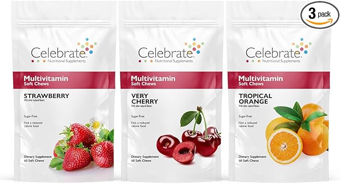 Celebrate Vitamins Bariatric Multivitamin Soft Chews - Essential Vitamins & Minerals, Sugar & Gluten Free - Gastric Bypass & Sleeve Gastrectomy Supplement - Strawberry/Orange/Cherry (180ct)