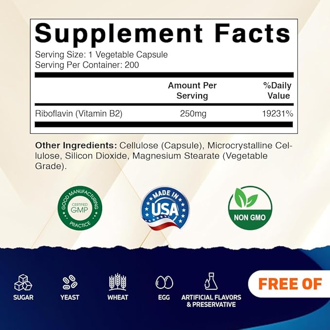 Vitamatic Vitamin B2 (Riboflavin) 250 mg - 200 Capsules Support Cellular Energy & Red Blood Cell Production