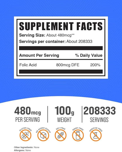 BulkSupplements.com Folic Acid Powder - Folate Supplement, Vitamin B9 - Gluten Free, 480mcg per Serving, 100g (3.5 oz) (Pack of 1)