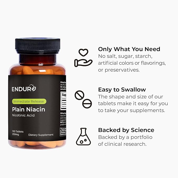 Endur Plain Niacin (Nicotinic Acid), Heart Health & Healthy Cholesterol Balance Supplement, Immediate-Release Formula, Gluten Free, 250mg (100 Tablets)