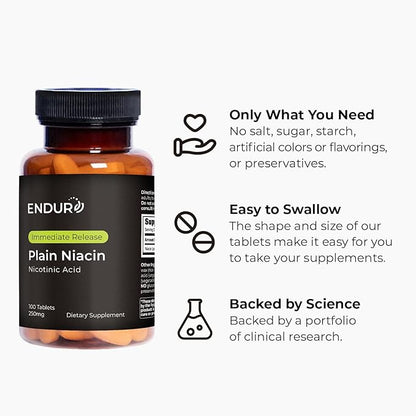 Endur Plain Niacin (Nicotinic Acid), Heart Health & Healthy Cholesterol Balance Supplement, Immediate-Release Formula, Gluten Free, 250mg (100 Tablets)