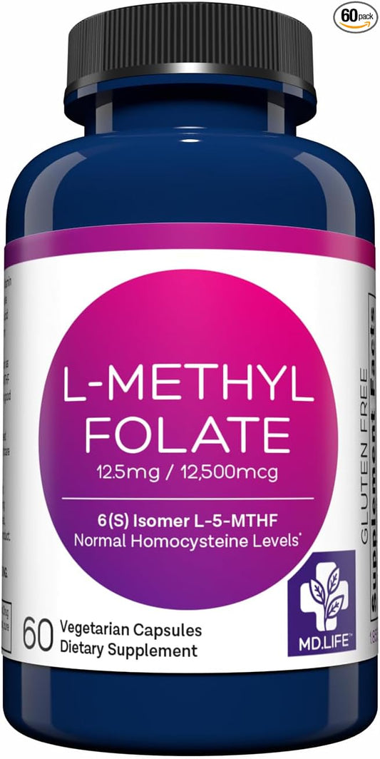 MD Life L-Methylfolate 12.5 mg Supplement - Professional-Grade Active L Methylfolate Supplement - 60 Capsules - L-Methylfolate 12.5mg - Maximum Potency MTHFR W/Essential Amino Acids