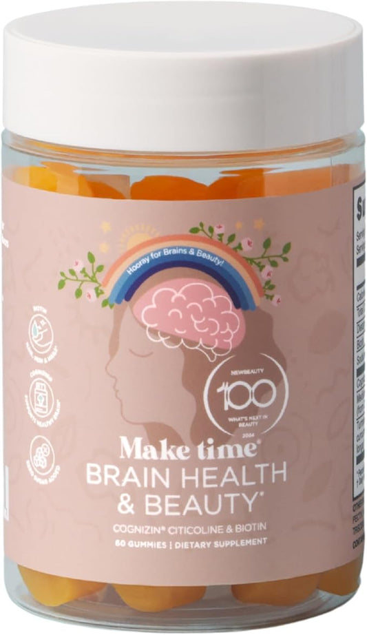 MAKE TIME Brain & Beauty Gummies – Cognitive Support with Cognizin Citicoline & Biotin for Focus, Clarity, & Radiant Hair, Skin & Nails – Sugar-Free, Delicious Blueberry Flavor (60 Gummies)