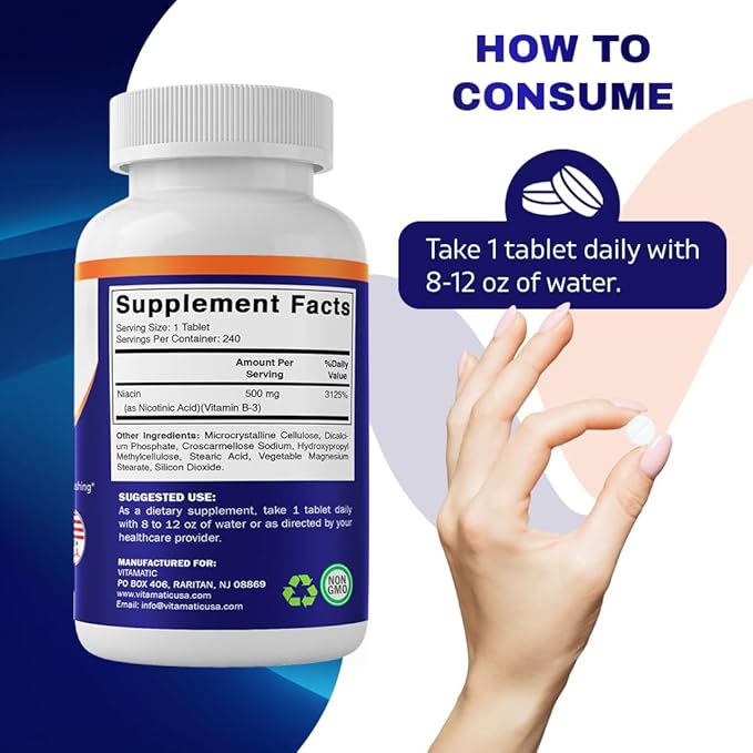 Vitamatic Niacin (Vitamin B3) 500mg, Sustained Release, 240 Tablets - Non-GMO & Gluten Free- 2 Pack