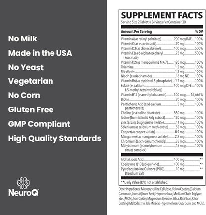LifeSeasons NeuroQ Daily Essentials Multivitamin - Fortified Mental Performance & Overall Wellness - Improve Memory & Focus - B-Complex, Vitamin D, Folate, CoQ10, Pantothenic Acid & More - 60 Capsules