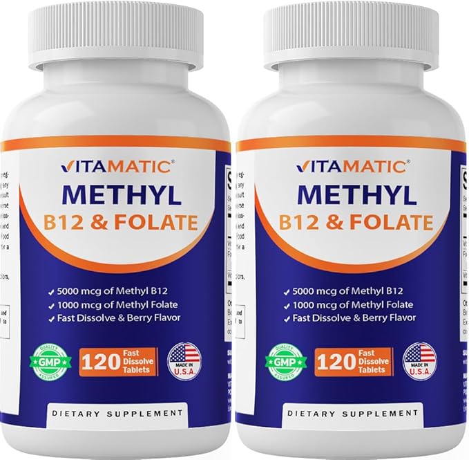 Vitamatic Methyl Folate & B12 Supplement with Pyridoxal 5 Phosphate (P-5-P) - Promotes Cardiovascular Health & Energy Metabolism - 120 Fast Dissolve Tablets - Non GMO & Gluten Free-2 Pack