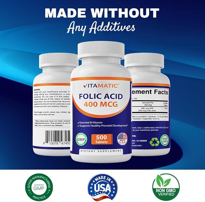 Vitamatic Folic Acid 400 mcg - 500 Vegetarian Tablets - Vitamin B9-2 Pack