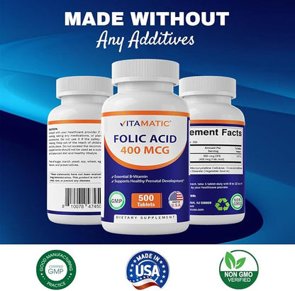 Vitamatic Folic Acid 400 mcg - 500 Vegetarian Tablets - Vitamin B9-2 Pack