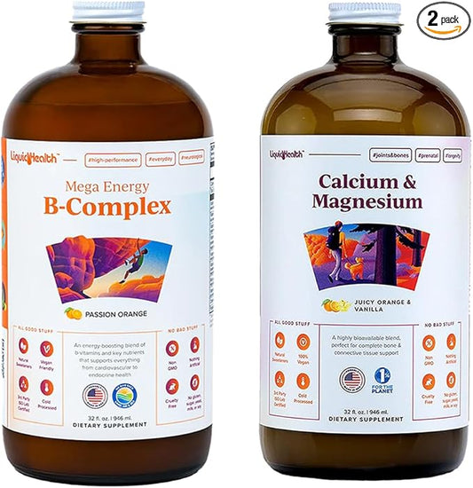 LIQUIDHEALTH Mega Energy B-Complex & Calcium and Magnesium Liquid Vitamin Bundle for Adults - Increase Natural Energy Level, Support Bone & Joint Health, Boost Immune System - Vegan, Non-GMO, USA Made