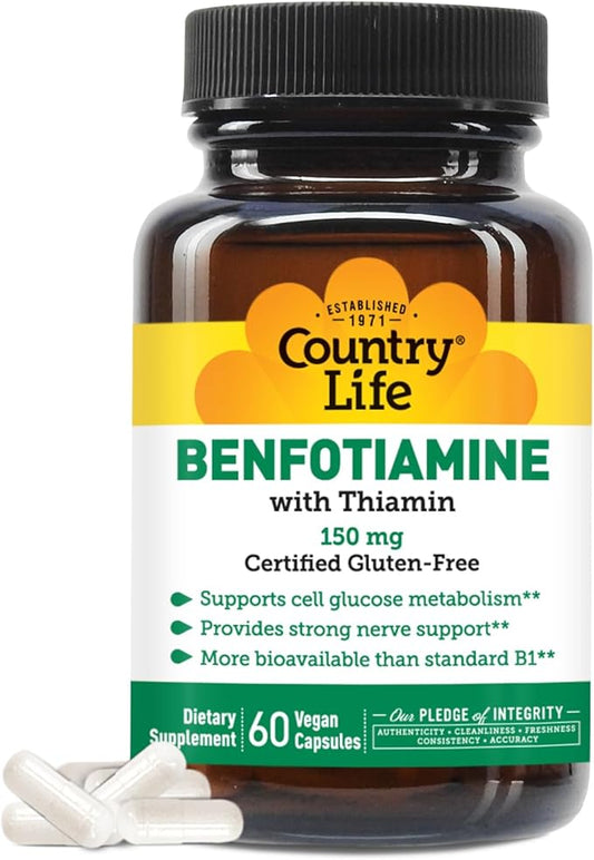 Country Life Benfotiamine with Thiamin, Nerve Health Support, 150mg, 60 Vegetarian Capsules, Certified Gluten Free, Certified Vegan