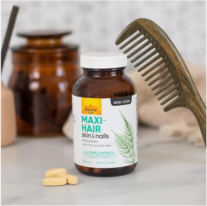 Country Life Maxi-Hair Supplement - 2000mcg Biotin & Vitamins for Hair, Skin & Nails - Certified Gluten-Free & Vegetarian - Supports Hair Growth, 90 Tablets