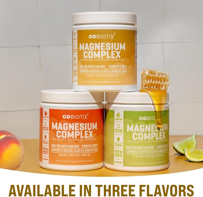 GoBiotix Magnesium Glycinate Powder – Cortisol Supplements for Women and Men – High Absorption Magnesium Complex Calm Supplement with Citrate, Malate – Sugar Free – 420 mg, 60 Servings - Peach Tea