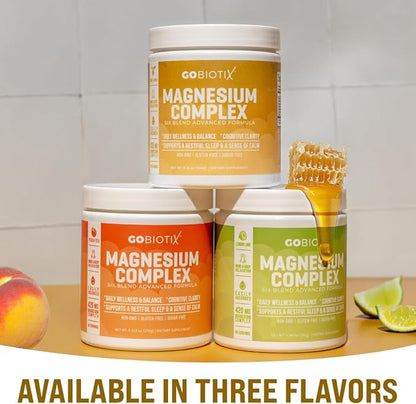 GoBiotix Magnesium Glycinate Powder – Cortisol Supplements for Women and Men – High Absorption Magnesium Complex Calm Supplement with Citrate, Malate – Sugar Free – 420 mg, 60 Servings - Peach Tea