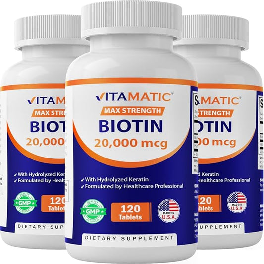 Vitamatic High Potency Biotin 20000 mcg (20mg) with Keratin 100mg - 120 Vegetarian Tablets - Biotin Supplements for Healthy Hair Skin & Nails for Adults (120 Count (Pack of 3))