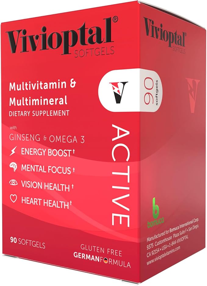Vivioptal Active, 90 Softgels (1 Year Supply), Ginseng & Omega 3, Multivitamin & Multimineral, Gluten Free, German Formula