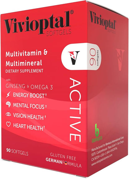 Vivioptal Active, 90 Softgels (1 Year Supply), Ginseng & Omega 3, Multivitamin & Multimineral, Gluten Free, German Formula