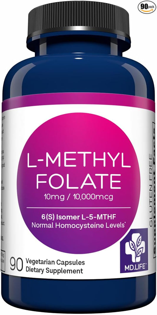 MD Life L-Methylfolate 10 mg Supplement - Professional-Grade Active L Methylfolate Supplement - 90 Capsules - L-Methylfolate 10mg - Maximum Potency MTHFR W/Essential Amino Acids