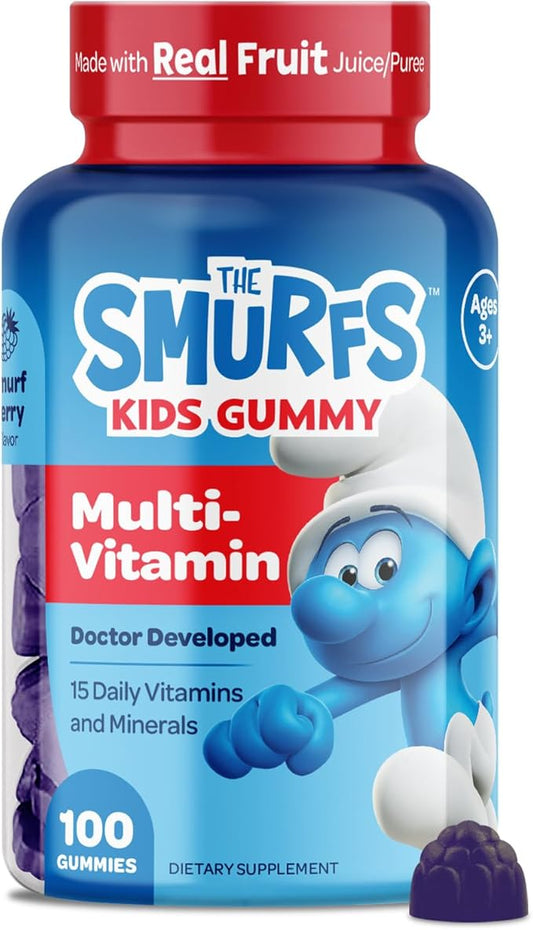 The Smurfs Kids Multivitamin Gummies with 15 Daily Vitamins and Minerals for Growth & Development | Made with Real Fruit in a Smurf Berry | Delicious, Doctor Developed & Non-GMO Formula | 100 Gummies