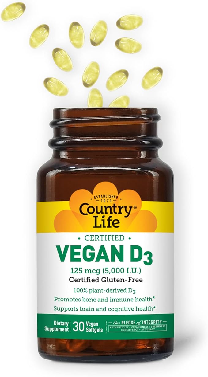 Country Life Vegan D3 5000 IU – Plant-Derived Vitamin D3 from Lichen – High Potency Immune & Bone Support – Certified Vegan, Gluten-Free, Non-GMO – 30 Softgels