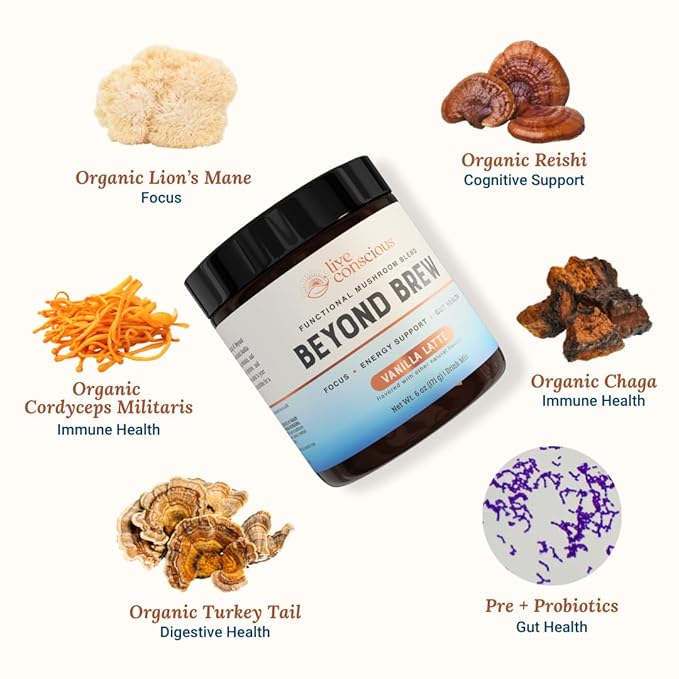 Beyond Brew Vanilla Latte Coffee Alternative - Mushroom Complex w/Lion’s Mane, Reishi, Cordyceps & Chaga for Sustained Focus, Energy & Immunity Support. Prebiotics & Probiotics Support Gut Health (Pa