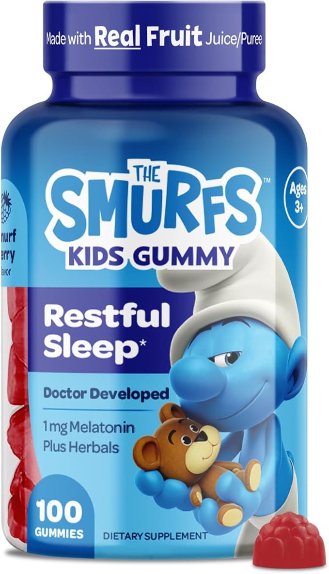 The Smurfs 1mg Melatonin Gummies for Kids with Chamomile & Lemon Balm for a Restful Sleep Age 3+ | Non-Habit Forming | Made with Real Fruit in a Smurf Berry | Doctor Developed | 100 Vegetarian Gummy