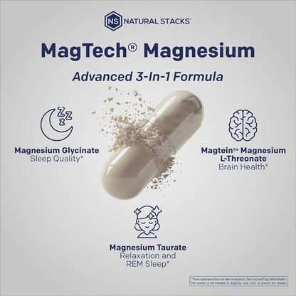 MagTech Magnesium Complex - 3 Forms of Magnesium: Magtein L-Threonate, Glycinate & Taurate - 200mg Chelated Magnesium Supplement - Supports Relaxation & Brain Health - 90 Capsules